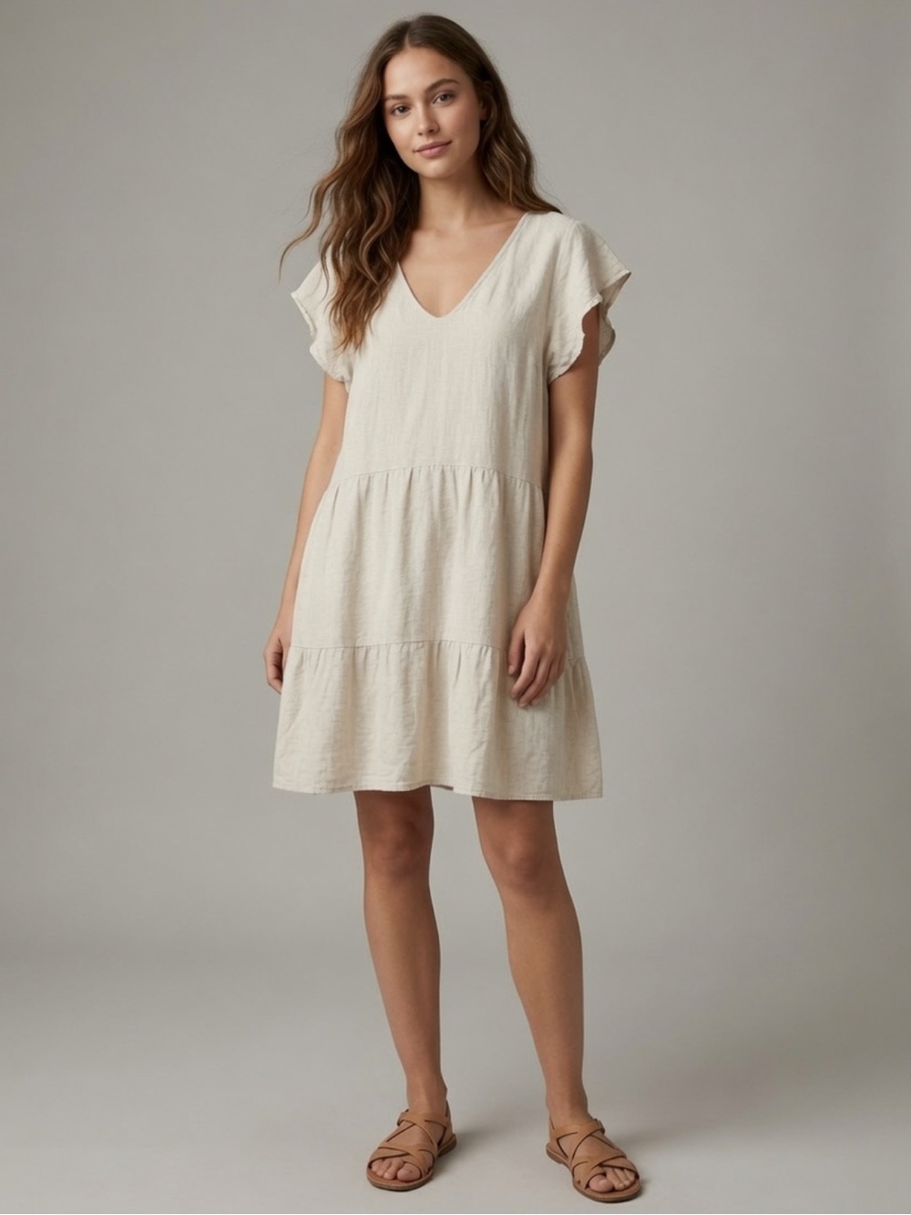 Women’s Linen Blend V-Neck Tiered Flutter Sleeve Dress